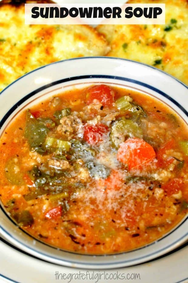 Sundowner Soup is a delicious Italian inspired economical dish that's easy to make, with ground beef, rice, and vegetables in a tomato based broth.