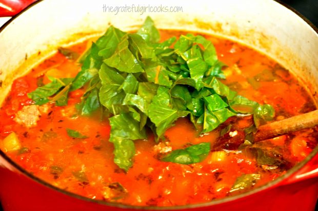 More Swiss chard is added to the soup.