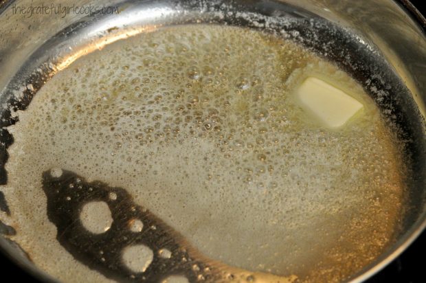 Butter is melted in large skillet for brown butter green beans.