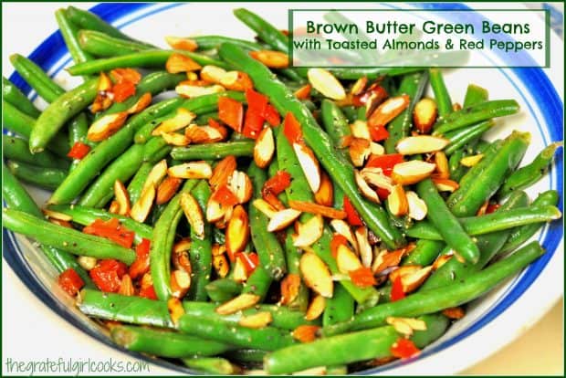 Brown Butter Green Beans is a festive vegetable side dish featuring fresh green beans cooked in browned butter, with toasted almonds and red bell peppers! 