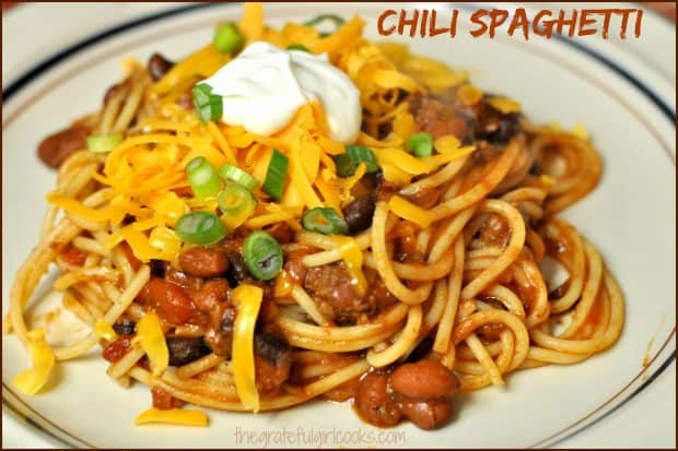 Looking for a quick and easy pasta dinner with a Mexican twist? How about making a batch of Chili Spaghetti, with chili, green onions, cheese and sour cream?