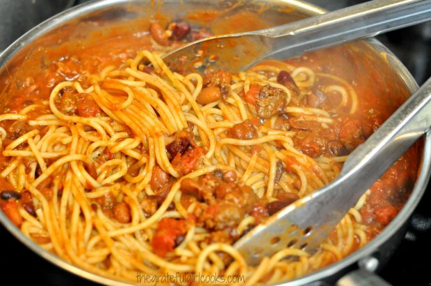 Chili Spaghetti is mixed and heated through, in large skillet.