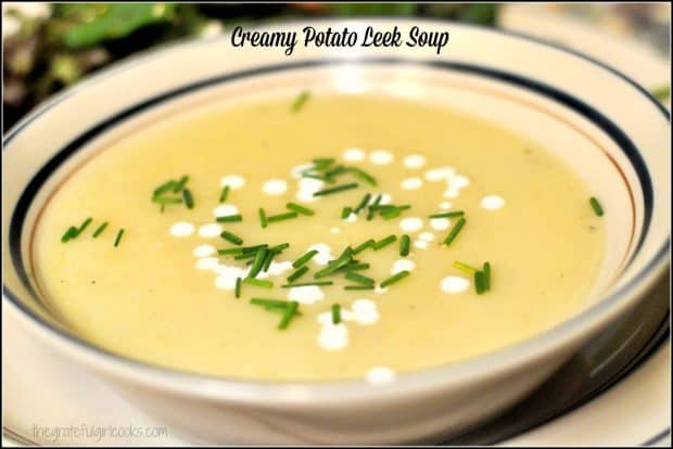 Delicious, creamy potato leek soup, made with Yukon gold potatoes, fresh leeks, seasoned broth and cream, is delicious, thick and filling!