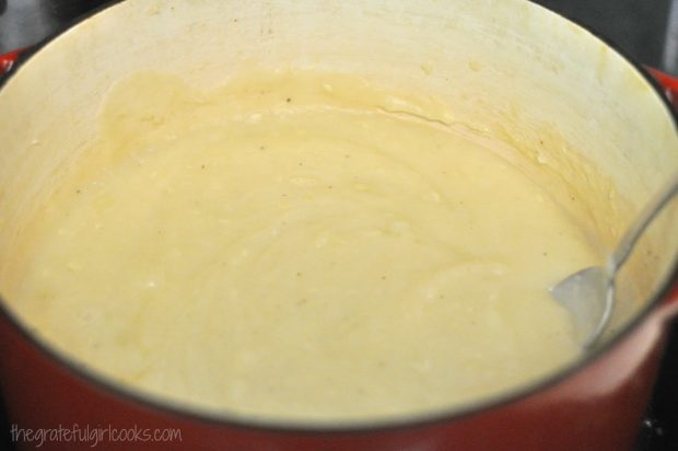 Creamy potato leek soup becomes thickened, after pureeing potatoes.