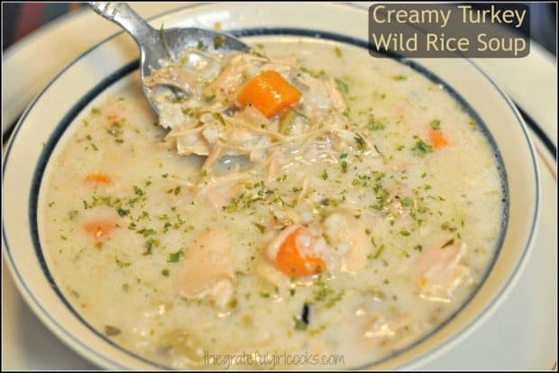 Make this delicious, creamy turkey wild rice soup with wild rice, carrots, and onions in your slow cooker, using your Thanksgiving turkey leftovers!