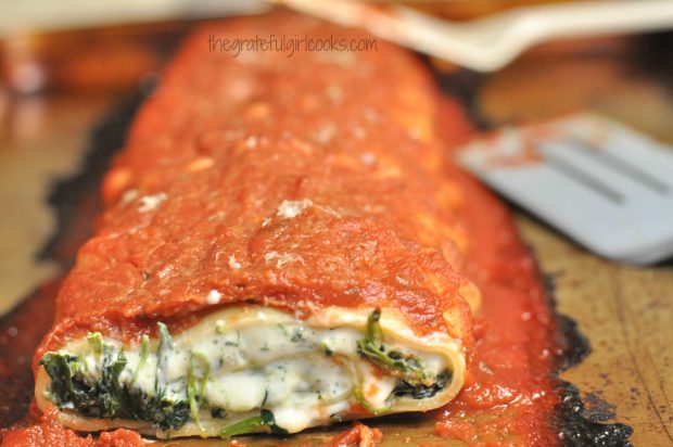 Florentine lasagna roll is baked, then sliced