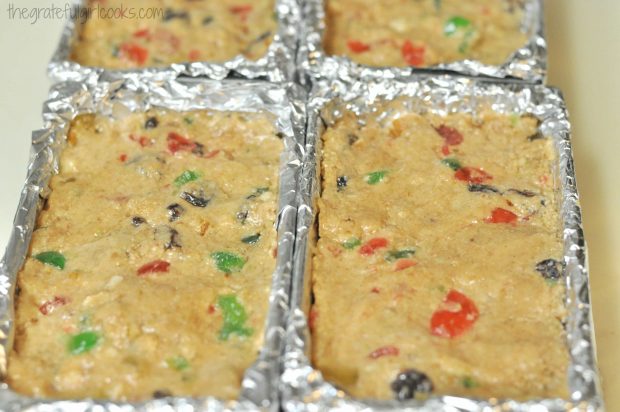 Mom's refrigerator fruitcake is packed firmly into prepared mini loaf pans.