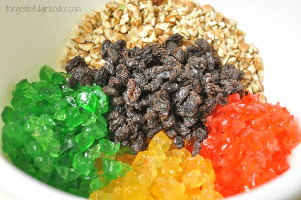 Raisins and pecans are added to the candied fruit.
