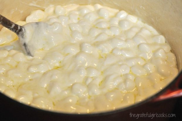 Marshmallows melting down in the pan with the butter