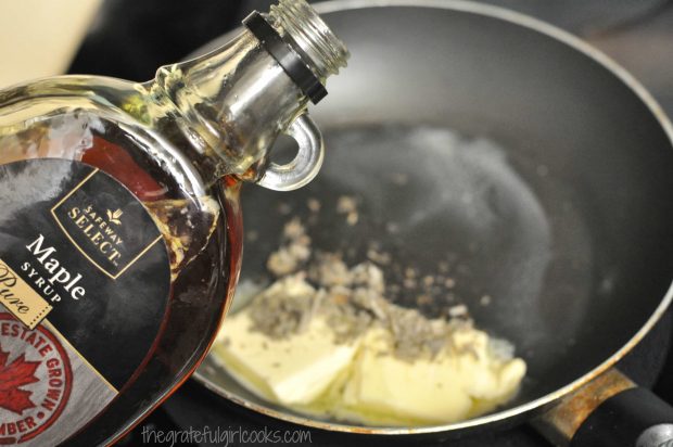 Maple syrup, fresh sage, and butter are heated into sauce for the roasted delicata squash.