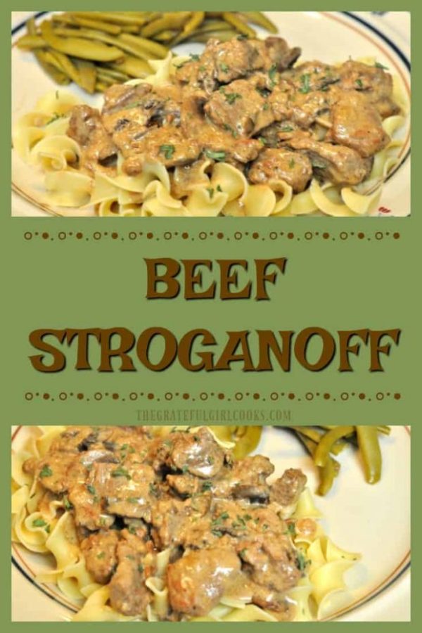 Beef Stroganoff is a delicious classic dish, featuring tender strips of beef in seasoned beef/mushroom/onion/sour cream sauce, and served over egg noodles.