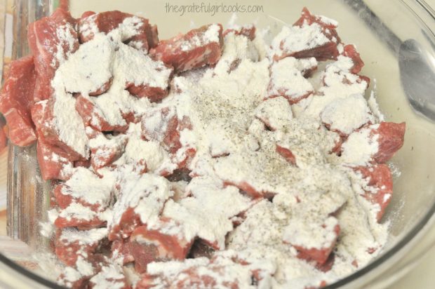 Beef cubes coated with flour and spices