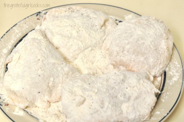 Chicken thighs coated in flour for chicken thigh osso bucco.