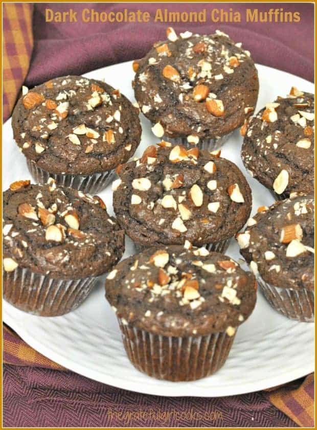 You will LOVE these easy and absolutely delicious dark chocolate almond chia muffins, loaded with dark chocolate, almonds, chia seeds, and sea salt!