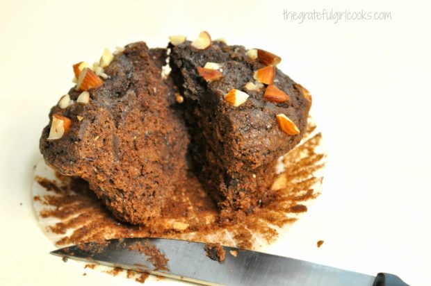Inside look at one of the dark chocolate almond chia muffins, cut in half.