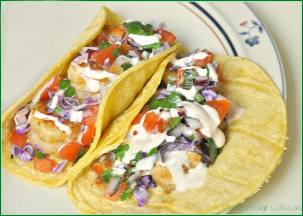 Shrimp tacos on a plate, ready to eat!