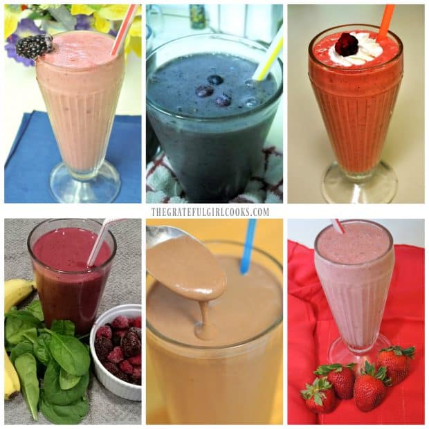 Collage of 6 fruit smoothies for Orange Julius (copycat) recipe post