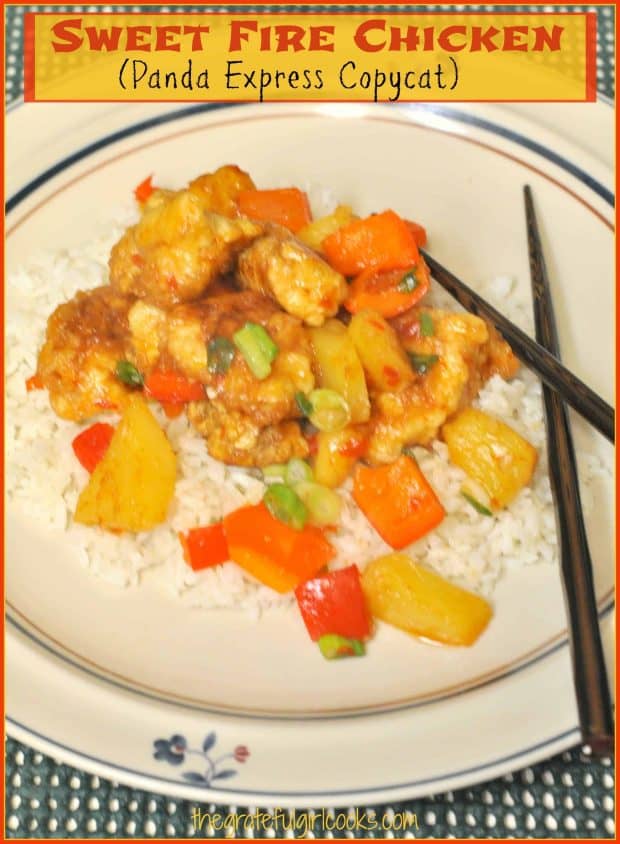 It's easy to make Sweet Fire Chicken (Panda Express copycat) at home, with chicken breast, bell peppers and pineapple in a sweet Thai chili sauce.