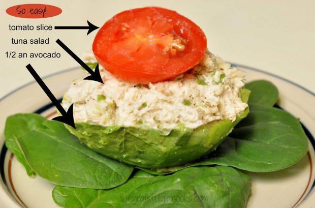Tuna Avocado Cup on bed of spinach leaves, ready to eat!