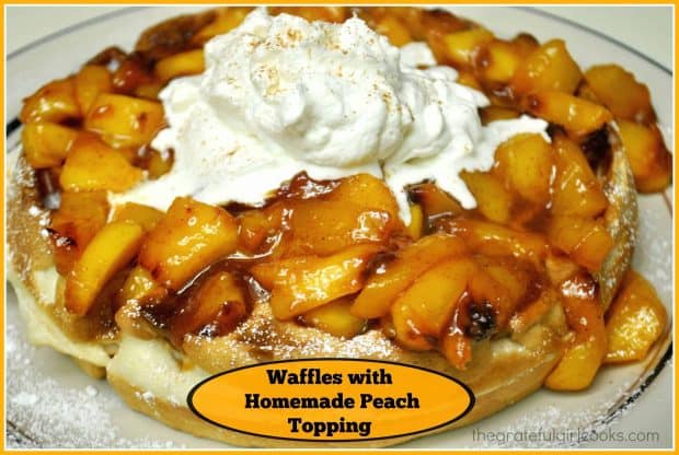 Waffles with Peach Topping are a delicious breakfast treat! Use fresh or frozen peaches to make a quick and EASY topping for your favorite waffle!