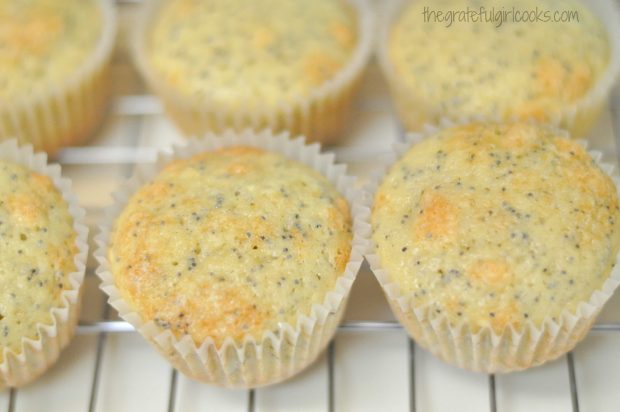 Almond Poppyseed Muffins cooling on a wire rack