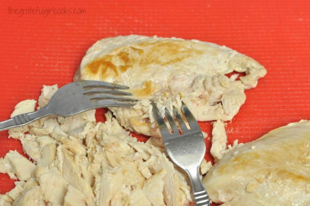 Shredding chicken breasts with 2 forks for chicken enchilada soup.