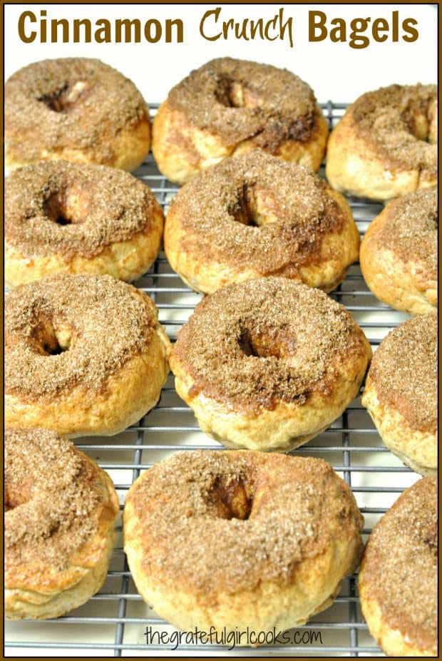 Cinnamon crunch bagels are New York-style chewy bagels, easily made from scratch, with a cinnamon-sugar crunchy top, and are a tasty breakfast treat!