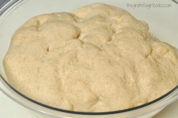 The dough for the cinnamon crunch bagels has risen, and doubled in size.