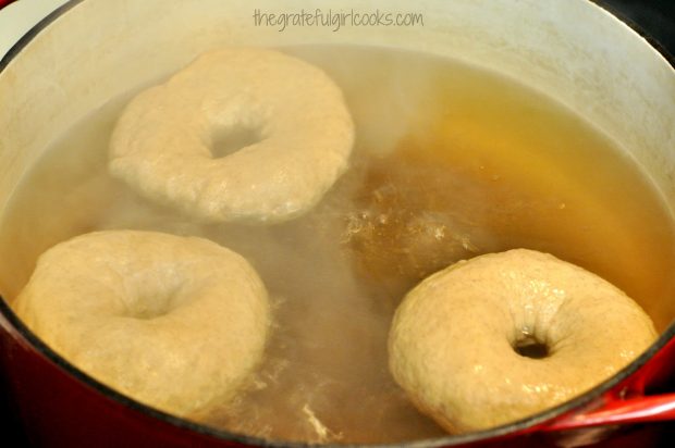 Cinnamon Crunch Bagels are boiled for a few minutes before baking.