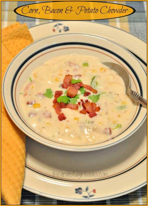 Corn Bacon Potato Chowder- this thick, creamy soup with potatoes, corn, and bacon is filling, delicious, and easy to prepare. Perfect dish for a cold day!