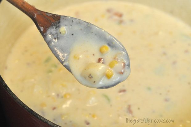 Corn bacon potato chowder has thickened and is ready to eat.