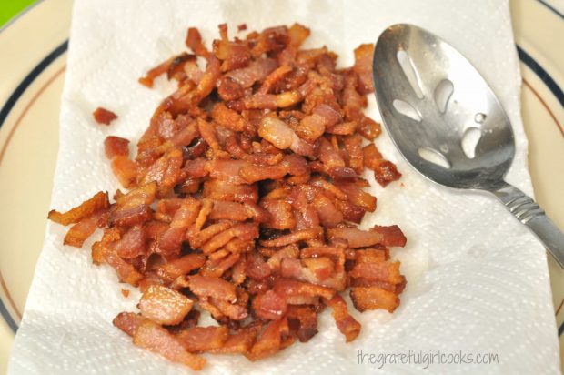 Crisp, cooked bacon is drained and ready to use in the chowder.