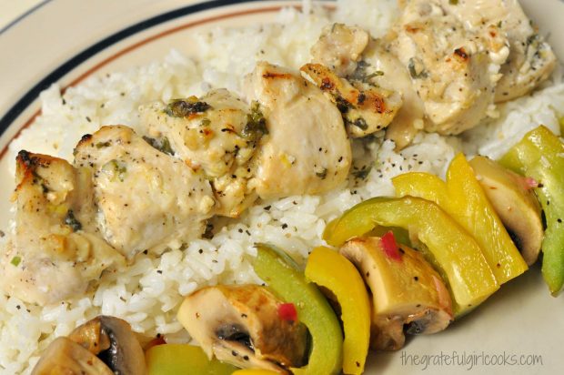 Chicken kabobs and veggies with lemon & garlic marinade, served on rice