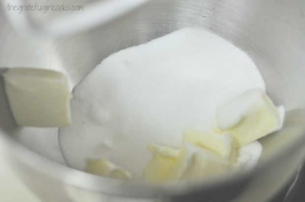 Butter and sugar is mixed to begin making the muffin batter.