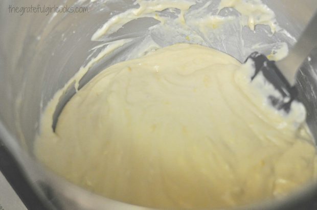 Batter for the lemon coffee cake muffins is finished mixing.