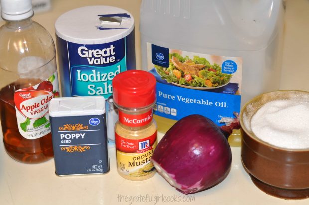 Ingredients needed to make homemade poppyseed salad dressing.