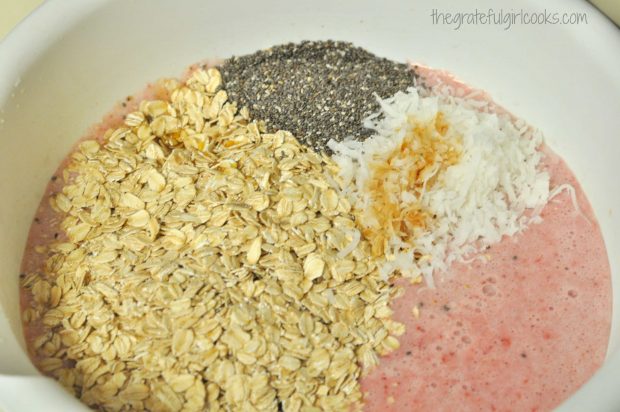 The ingredients for the overnight oats are combined in a large mixing bowl.