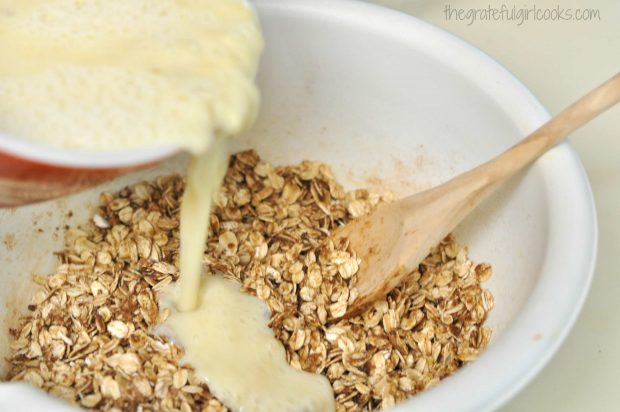 Mashed banana, milk, etc. added to oats in bowl