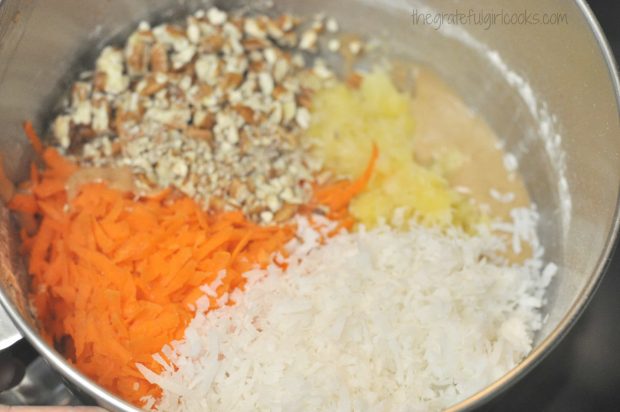 Pecans, carrots, pineapple and coconut for Edie's carrot cake batter.