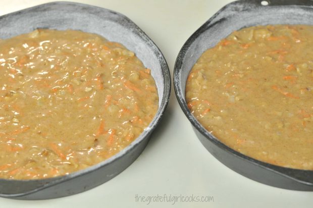 2 round cake pans with Edie's carrot cake batter in them.