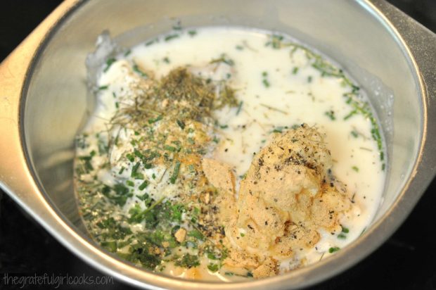 Ingredients for creamy pasta salad dressing, in metal bowl