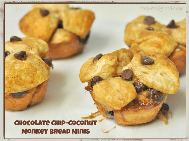 Monkey Bread Minis are a yummy, hand-held version of this breakfast treat! They're filled with chocolate chips, coconut, butter, brown sugar and cinnamon!