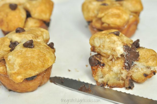 Chocolate Chip Coconut Monkey Bread Minis are cut in half to show insides