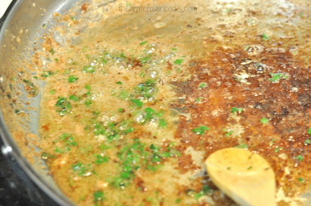 Lemon juice, oregano and parsley added to browned butter sauce for dover sole.