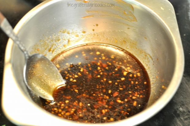 Sauce ingredients are mixed for cashew chicken.