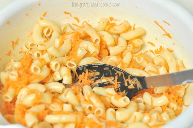 Carrots, onions and apple cider vinegar added to cooked macaroni.