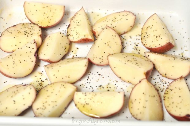 Red potato veggies seasoned with olive oil, salt and pepper