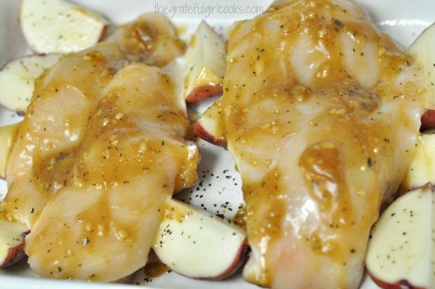 Chicken breasts with honey garlic sauce on top of potatoes