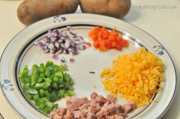 Some of the ingredients that will be added to the hash browns.