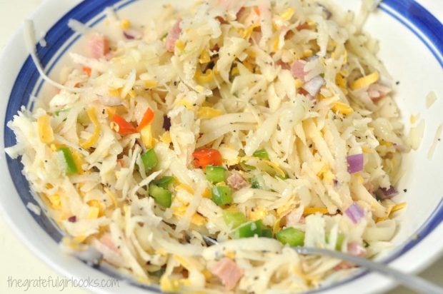 All the ingredients for the loaded hash browns are mixed together before cooking.